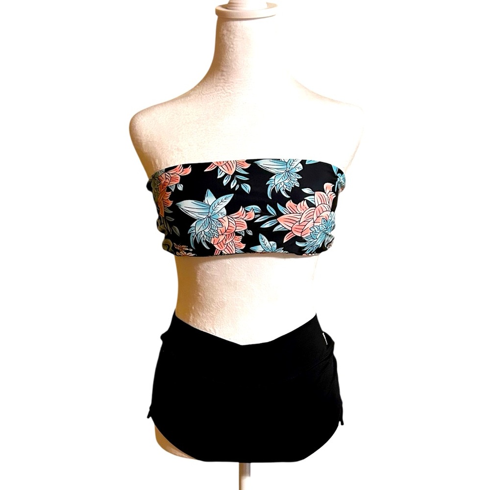 Zaful Floral Strapless Bikini Top and Black PINK High Waisted Bottoms